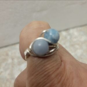 Silver, Natural Larimer, and Aquamarine Bead Ring